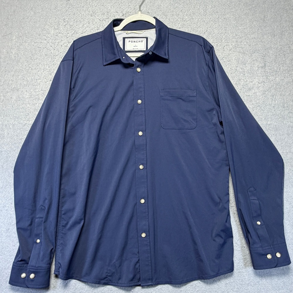Poncho Outdoors Mens Navy Blue Performance Slim Fit Button Down Shirt Large